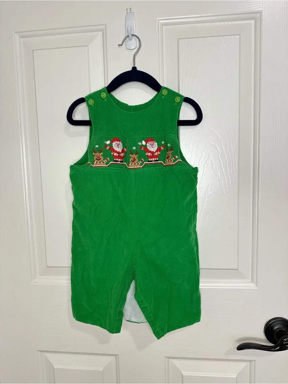 Velani Classics Kelly Green Corduroy Santa Rudolph Reindeer Smocked Overalls 6M